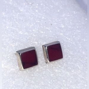 Vtg 925 Sterling Silver Red Jasper Square Shaped Stud Earrings | 8mm x 8mm